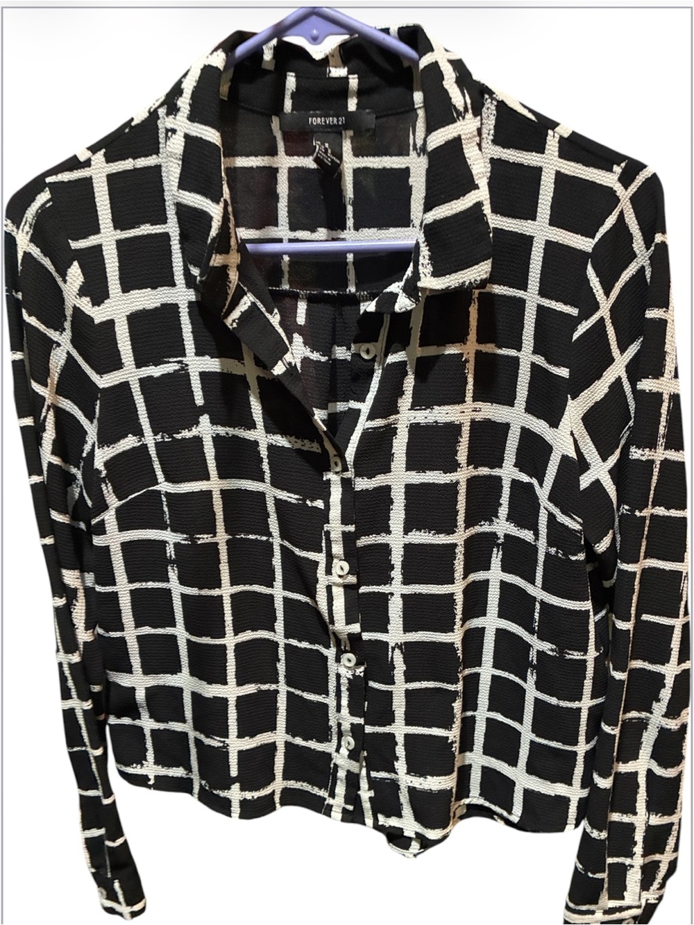 Forever 21 Black & White Windowpane Grid Button-Down Blouse - Size M